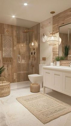 a large bathroom with wooden walls and flooring