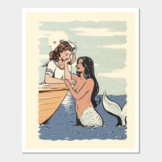 an image of two mermaids in the water with a boat and whale behind them