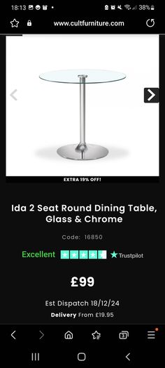 an advertisement for a dining table with glass top and chrome base, on the internet page