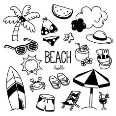 a black and white drawing of beach related items with the words beach below it on a white background