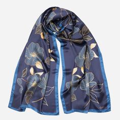 Italian Silk Satin Evening Shawl - Navy Silk Floral Print Shawl Scarves, Silk Shawl Scarf, Elegant Blue Shawl Scarves, Gold Silk Shawl, Elegant Blue Satin Silk Scarf, Silk Floral Print Shawl Scarf, Silk Floral Print Shawl, Blue Satin Scarves, Elegant Blue Silk Shawl Scarf