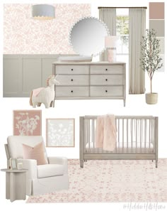 Sophisticated Girl Nursery, Twin Nursery Room, Gray Nursery Girl, Modern Girl Nursery, Girl Nursery Pink, Girly Nursery, Decor Mood Board, Nursery Decor Inspiration, Baby Girls Room