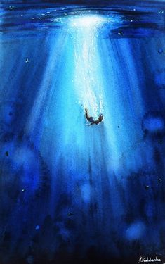 a painting of a person swimming in the ocean with blue water and light coming from above