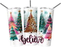 three different colored christmas trees with the words believe on them and one has a leopard print