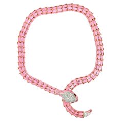 Medium pink enamel snake necklace, short model Round-cut diamonds of 1.20 carats, Marquise-shaped rubies of 0.56 carat, 18 karat white gold, silver with a tone of rose gold; marked 750, 925, D. 1.20, R. 0.56, N012RM10-0096 Size: length 20.75 inches Total weight: 143.0 grams Rolex Cartier, Gucci Nike, Pink Snake, Snake Jewelry, Short Models, Louis Vuitton Gucci, Bow Necklace, High Vibes, Snake Necklace