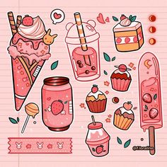 an image of some food and drinks on a sheet of lined paper with pink background