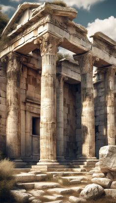 an ancient building with columns and steps