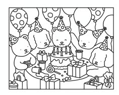 a birthday cake with candles and balloons in the shape of animals on it, surrounded by other