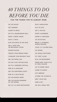 the words 40 things to do before you die are shown in white on a gray background