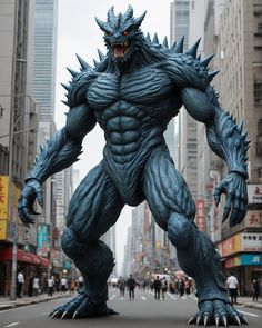 a giant godzilla statue is on the street