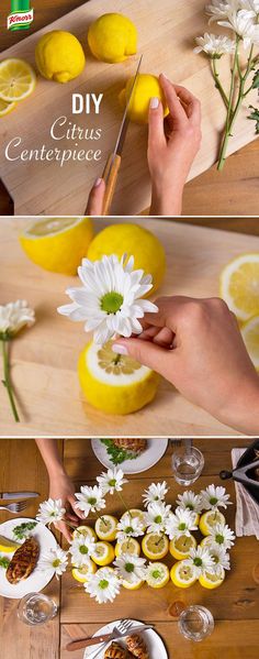 the process of making lemons is shown with flowers and lemon slices in front of them