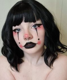 Halloween Makeup Inspo Clown, Pierrot Clown Costume Makeup, Cat Clown Makeup, Artistic Clown Makeup, Cute Black And White Clown Makeup, Clown Makeup Pierrot, Orange And Black Clown Makeup, Red Black Clown Makeup, Clowncore Makeup Looks