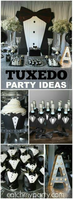 a black and white party with tuxedo cupcakes, cake and decorations