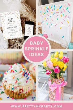 baby sprinkle party ideas with pink, yellow and white flowers in vases