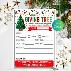 a christmas gift card with the words giving tree on it