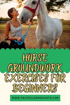 a woman standing next to a white horse with the words horse groundwork exercises for beginners