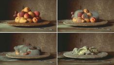 four pictures show different stages of food being cooked on a plate and placed on a table