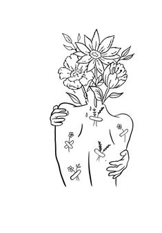 a drawing of a person holding flowers in their arms