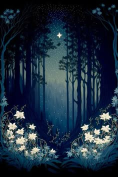 an image of a night in the woods with stars and flowers on it's sides