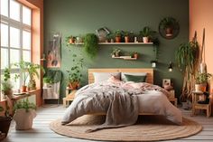 a bedroom with green walls and plants on the wall