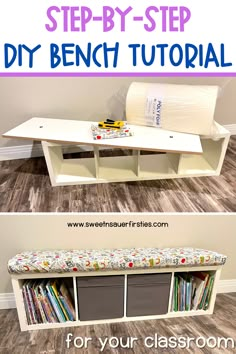 the step by step diy bench with storage bins for books and magazines on it