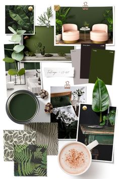 a collage of green and white items including plants, furniture, and wallpaper