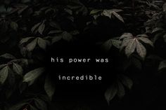 the words his power was incredible written in white on a black background surrounded by green leaves