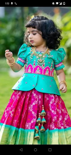 Patu Langa Designs For Kids, Kids Pattu Langa Blouse Designs Maggam Work, Kids Pattu Langa Designs, Indian Birthday Party, Langa Jacket, Party Dress For Kids