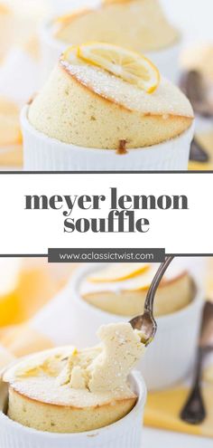 lemon souffle is served in small white dishes with a spoon