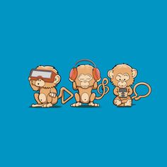 three monkeys wearing headphones and listening to music