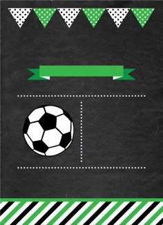 a chalkboard with a soccer ball on it and pennants around the edges,