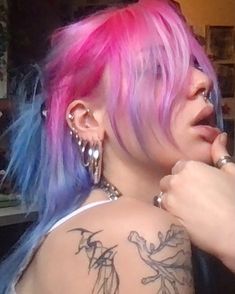 White And Pink Hair Aesthetic, Color Hair Inspo Aesthetic, Pink And Blue Hair Aesthetic, Pink And Blue Dyed Hair, Cool Colored Hair Ideas, Blue Hair With Pink Tips, Lilac And Pink Hair, Pink And Blue Short Hair