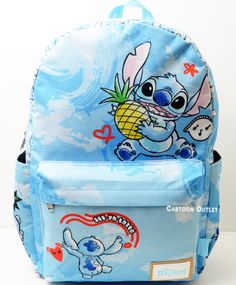 a blue backpack with cartoon characters on it