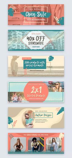 three banners with different styles and colors for the same item, each one has an image of