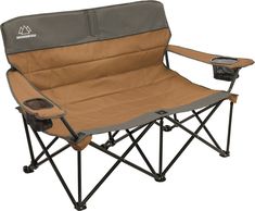 a camping chair with a cup holder attached to it