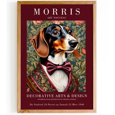 a painting of a dog wearing a red bow tie with the words, art nouveau decorative arts and design