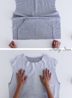 two pictures showing how to make a top with the sleeves folded down and hands on it