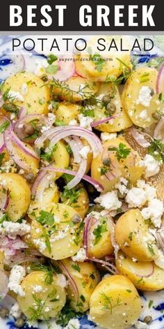 potato salad on a blue and white plate with text overlay that reads best greek potato salad