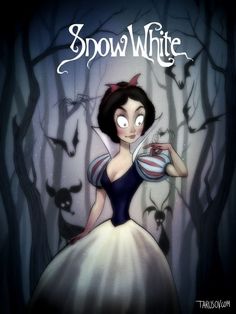 snow white is standing in front of the woods