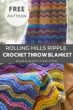 a crochet throw blanket with text that reads rolling hills ripple crochet throw blanket