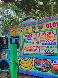 an ice cream truck is painted in bright colors and has advertisements on the side for different flavors