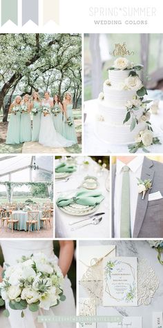 a collage of wedding colors in shades of green, white and grey with flowers