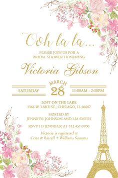 the eiffel tower and flowers are in gold foil on this wedding shower card