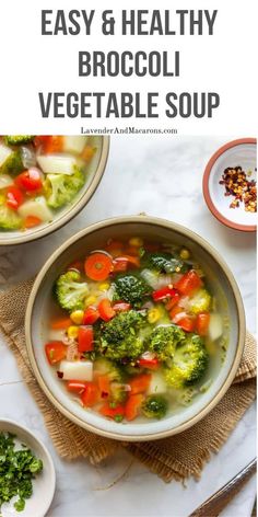 broccoli, carrots and other vegetables in a bowl with text overlay that reads easy & healthy broccoli vegetable soup