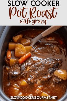 slow cooker pot roast with gravy in the crockpot is ready to be eaten