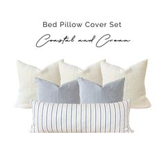 bed pillow cover set with blue and white striped pillows on the bottom, along with four different colors