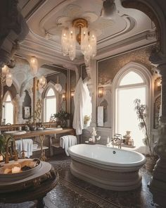 a fancy bathroom with an oval tub and chandelier