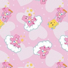 a pink teddy bear pattern with clouds and stars