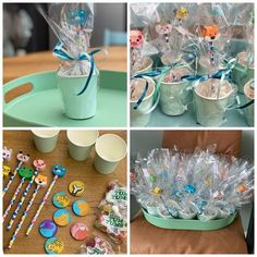 various pictures of different items in plastic bags and cups on a table with candy, candies, marshmallows