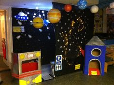 this is an image of a classroom setting with space themed decorations on the walls and around it